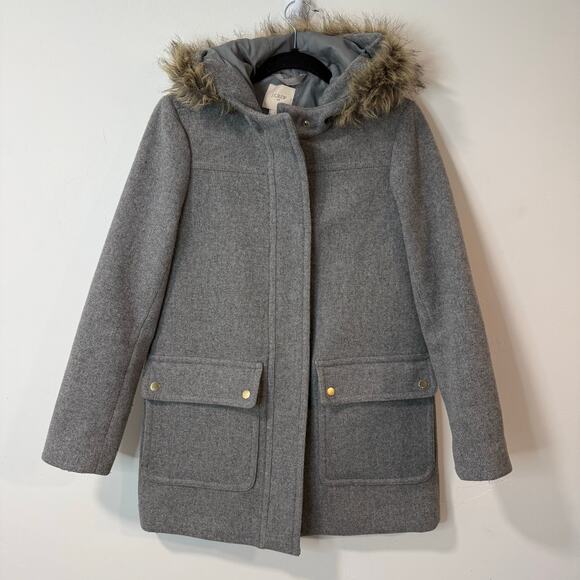 J. Crew Women's Vail Parka Wool Blend Pea Coat Faux Fur Trim Full Zip Grey 2 - Picture 1 of 7